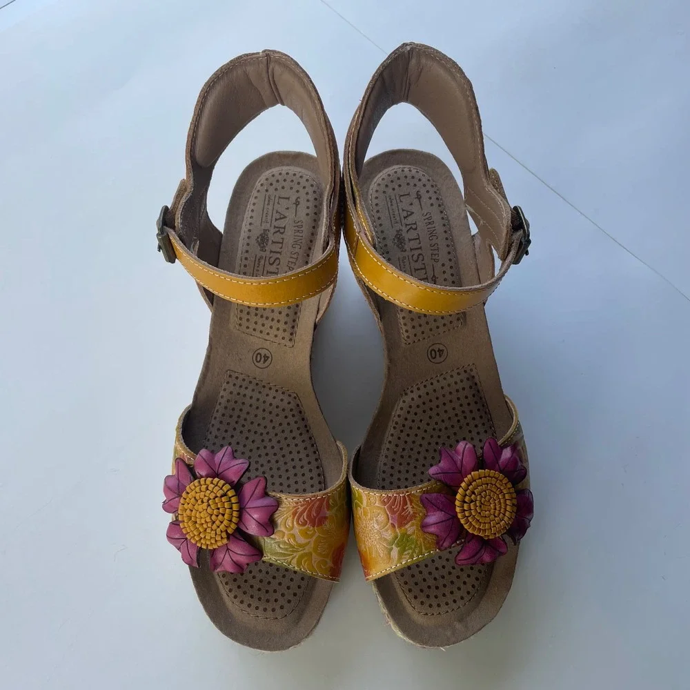L'ATISTE Yellow Floral Leather Wedge Sandals with Pink Flower Accent